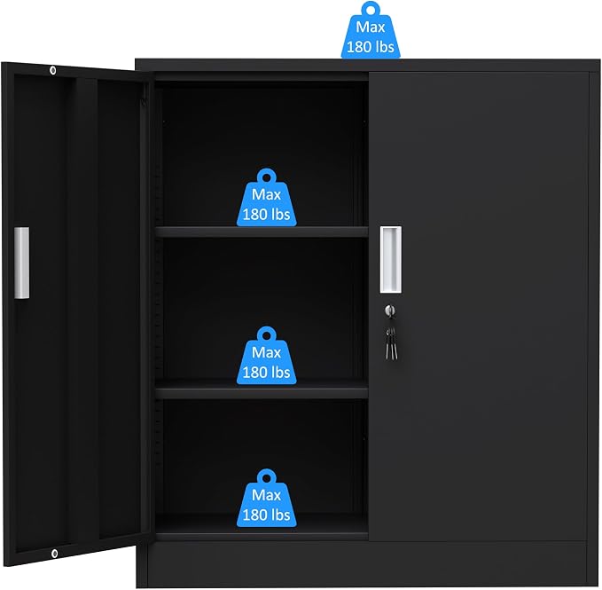 iJINGUR Metal Storage Cabinet with Locking Doors and 2 Adjustable Shelves, Small Lockable Storage Cabinet for Home Office Garage (Black)