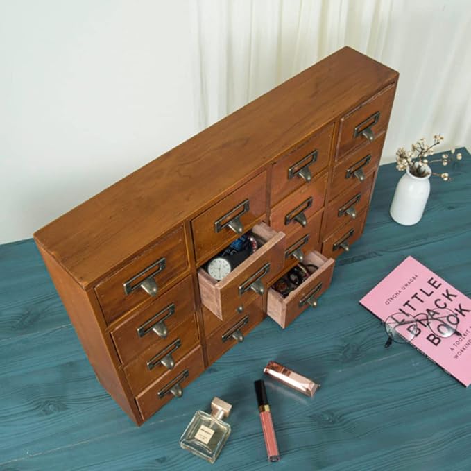 Apothecary Drawers Apothecary Cabinet with Drawers, Brown | 16 Drawer Library Card Catalog, Wooden Storage Box, Wooden Desktop Organizer with Metal Handles-Fulled Assembled