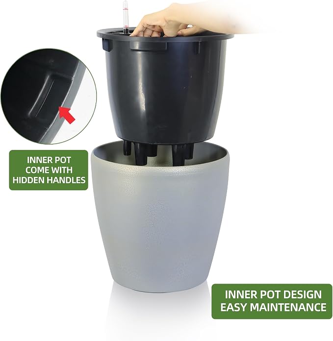 Dexceder 18x17 Self Watering Planter with Wheels (Grey Gold Crackle) | Inner Pot Design, Thickened Large Floor Standing Flower Plant Pot with Water Level Indicator Indoor Outdoor