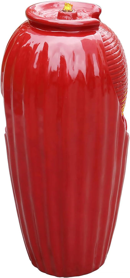 Teamson Home Glazed Vase Floor Freestanding Water Fountain with LED Lights and Pump for Outdoor Patio Backyard Deck Plant Garden Décor, 32 Inch Height, Red | Freestanding Floor Feature, Built-In LED Light, Glossy Red, Outdoor Décor