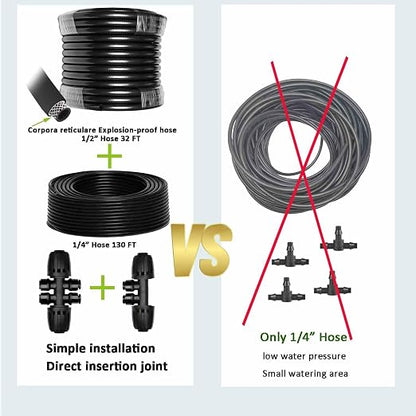 Drip Irrigation Kit for Garden,Main ID 1/2inch 16.5Ft and 1/4inch 96Ft Water Hose, Watering System Sufficient Water Pressure, Irrigation Dripper Waterflow Evenly Easy DIY
