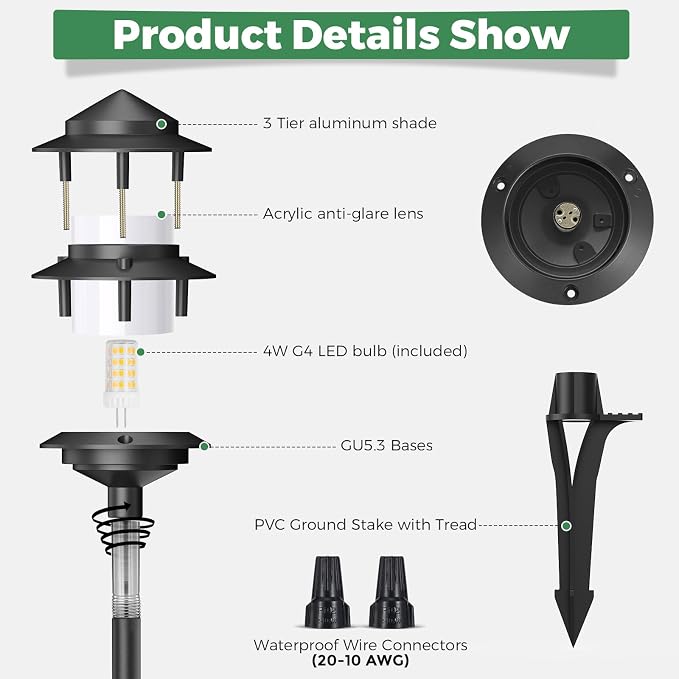 Gardencoin Pagoda Low Voltage Landscape Pathway Lights, 12V Outdoor LED Path Lights Wired, Aluminum Walkway Lighting with 4W 2700K Replaceable G4 Bulb, Classic 3-Tier Lantern, 6 Pack