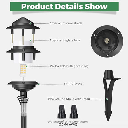 Gardencoin Pagoda Low Voltage Landscape Pathway Lights, 12V Outdoor LED Path Lights Wired, Aluminum Walkway Lighting with 4W 2700K Replaceable G4 Bulb, Classic 3-Tier Lantern, 12 Pack