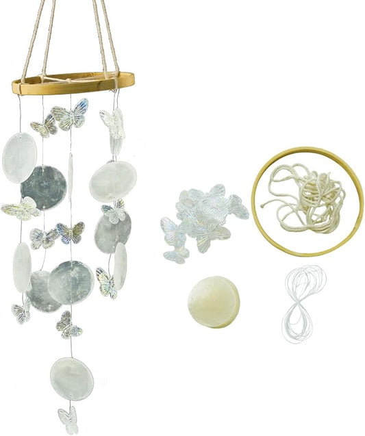Wind Chimes for Home Decor-DIY Wind Chime with Round Capiz Shells Bamboo Hoops Twine String Fishing Line,Gifts for Women Mom(White)