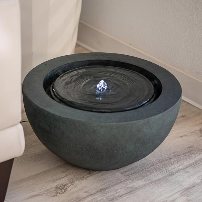 XBrand 9.65" H Round Sphere Water Fountain Indoor/Outdoor with LED Light, Polyresin Bubbler Feature for Patio, Yard, Home Décor - Dark Green, Tranquil Serene Garden Accent