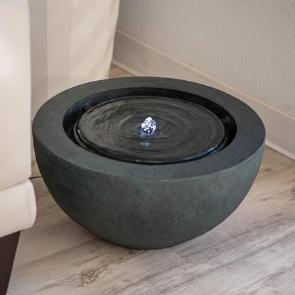XBrand 9.65" H Round Sphere Water Fountain Indoor/Outdoor with LED Light, Polyresin Bubbler Feature for Patio, Yard, Home Décor - Dark Green, Tranquil Serene Garden Accent