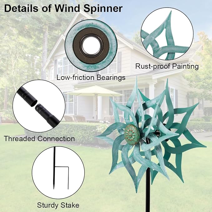 Viveta Metal Wind Spinners,53.5" Kinetic Wind Sculptures | Green Garden Pinwheels Double Layer Windmill for Outdoor Patio Lawn Yard
