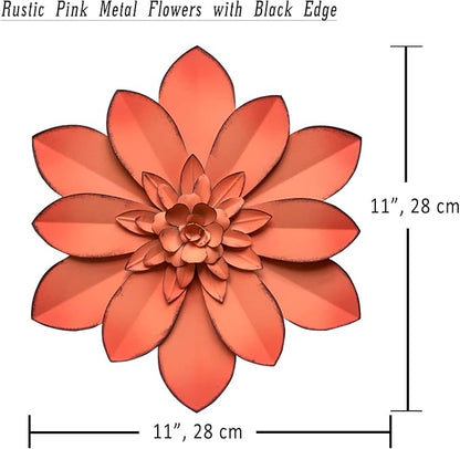 Pink Metal Flower Wall Art Decor, 11“ Rustic Modern Floral Sculpture, Distressed Hanging Home Decoration Accent Artworks for Indoor Bedroom Living Room Office Outdoor Garden Patio
