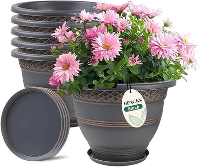 Usocik 8 Inch Plaid Plant Pots 6 Pack with Drainage and Saucers Copper | Copper plaid PP pots with drainage holes and saucers for herbs succulents starter plants shelves windowsills