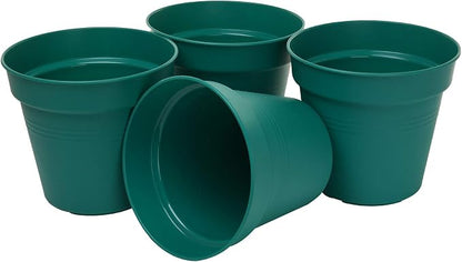 Mintra Garden Pots, 4 Pack Bulk Plastic Plant Pots with Drainage Tray, Round Indoor & Outdoor Decorative Planters with Drain Holes for Flowers, Herbs & Plants, 19cm Diameter – Forest Green, 7.5 in