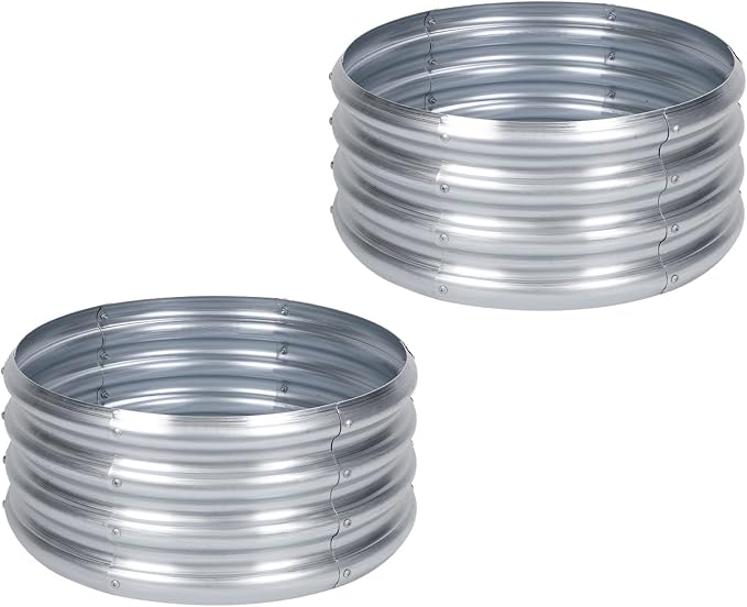 PINPON 2-Pack Galvanized Raised Garden Bed 2x2x1 ft, Round Metal Planter Box Outdoor for Vegetables Flowers, Heavy-Duty Rust-Resistant, Also Use as Fire Pit Ring for Backyard Camping
