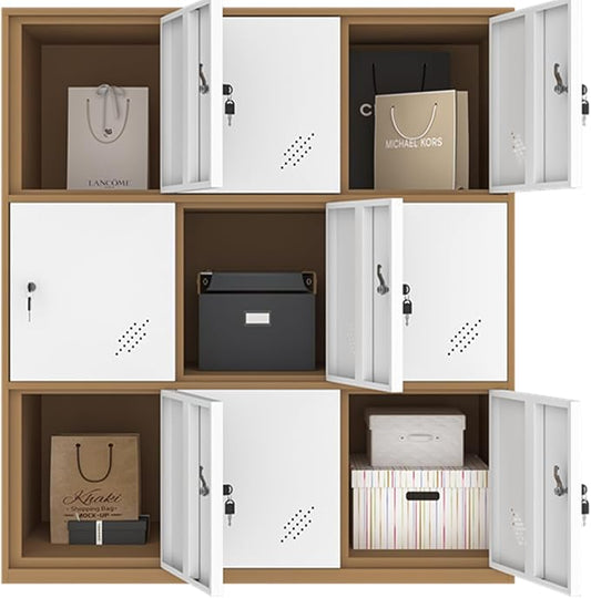 MECOLOR 9 Door Metal Office Storage Locker Cabinet, Gym School and Home Locker,Metal Locker Storage for Employee Staff or Workers(Browm and White)