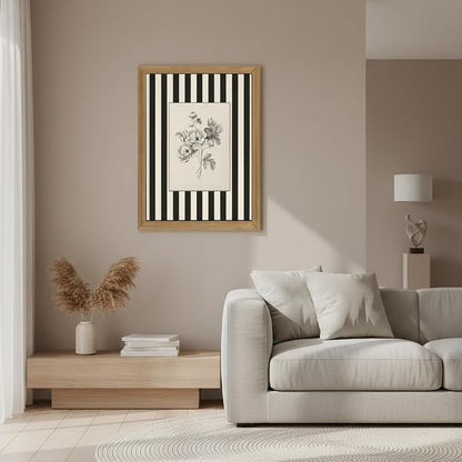 Black and White Floral Wall Art Framed Canvas,Vintage Botanical Sketch Print, Minimalist Striped Modern Farmhouse Wall Decor for Living Room Bedroom Bathroom Kitchen12x16in