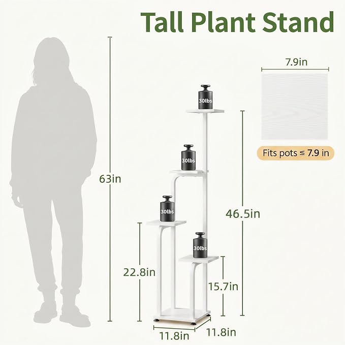 LASZOLA 5 Tiered Plant Stand Tall for Indoor Corner, Modern Multiple Flower Display Rack with Wooden Tray, Vertical Planter Shelf for Living Room Bedroom Patio Garden Balcony, White