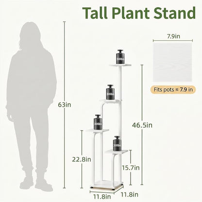 LASZOLA 5 Tiered Plant Stand Tall for Indoor Corner, Modern Multiple Flower Display Rack with Wooden Tray, Vertical Planter Shelf for Living Room Bedroom Patio Garden Balcony, White