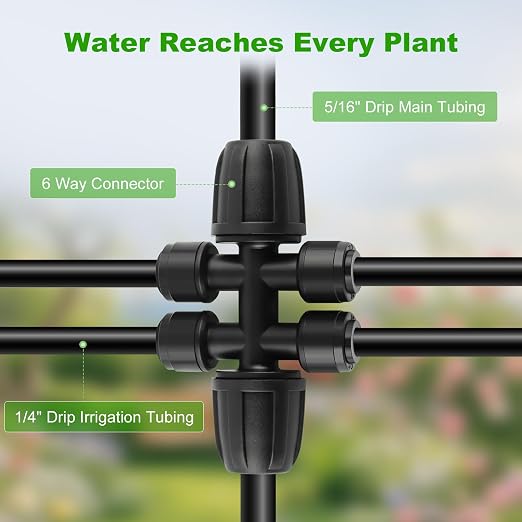 50FT 5/16" Drip Irrigation Tubing and 4 Packs 4-Way Quick Coupler, Push-to-Connect Fittings- DIY Garden Irrigation System, Misting, or Blank Distribution Tubing for Any Gardening Project