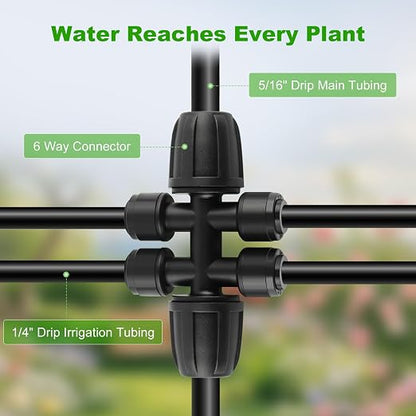 50FT 5/16" Drip Irrigation Tubing and 4 Packs 4-Way Quick Coupler, Push-to-Connect Fittings- DIY Garden Irrigation System, Misting, or Blank Distribution Tubing for Any Gardening Project