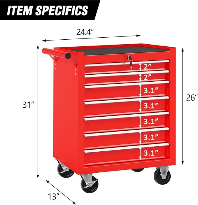 Tool Chest, 7-Drawers Rolling Tool Box with Rotate Handle & Wheels, Lockable Multifunctional Tool Cart, Suitable for Garages, Warehouses, Repair Shops, Capacity 450lbs, Black