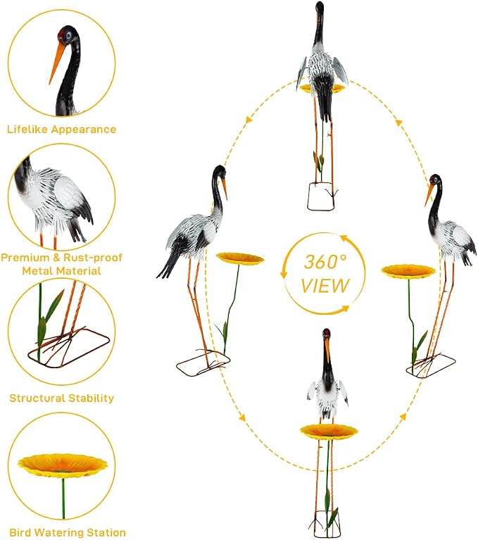 Large Heron Garden Statue for Outside,39" Crane Outdoor Statues with Leaf Tray,Metal Yard Art for Porch Backyard Patio Lawn Decor（Black+White）