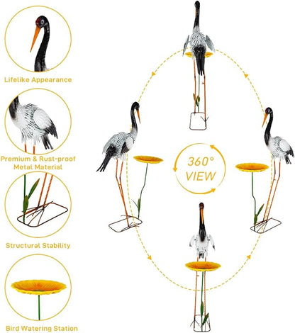 Large Heron Garden Statue for Outside,39" Crane Outdoor Statues with Leaf Tray,Metal Yard Art for Porch Backyard Patio Lawn Decor（Black+White）