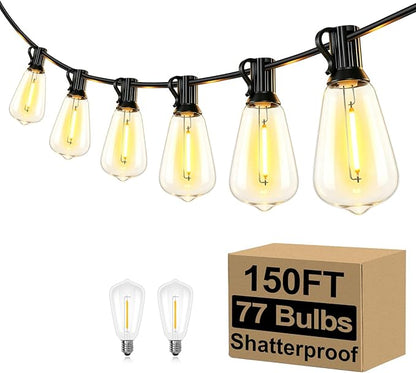 Brightever Outdoor String Lights 150FT, Patio Lights with 75+2 Dimmable ST38 Shatterproof LED Bulbs, Vintage Edison String Lights for Outside, Waterproof Bistro Lights for Halloween Backyard 2700K