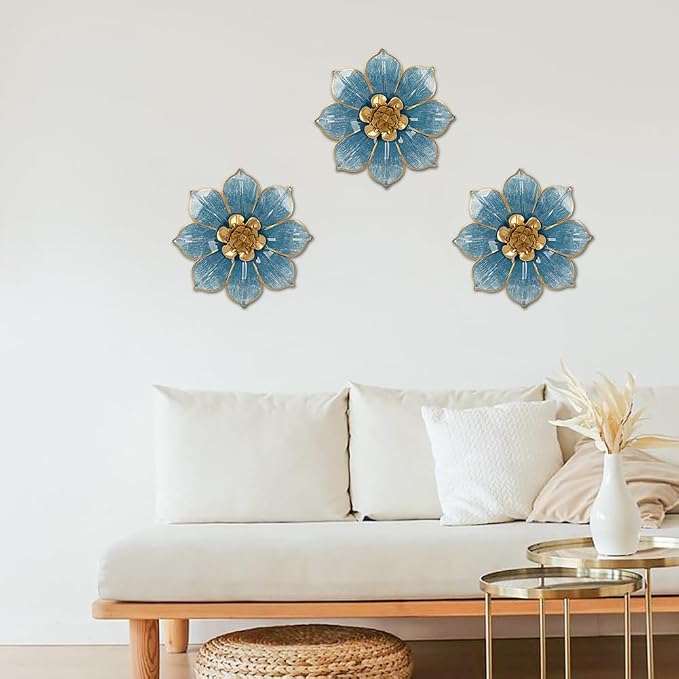 Metal Flowers Wall Decor Blue and Gold Wall Art Hanging Decorations 3 Pc Rustic Modern Floral Sculpture Wall Accent Artwork Indoor Outdoor for Bathroom Bedroom Living Room Garden Patio Porch 10 Inch