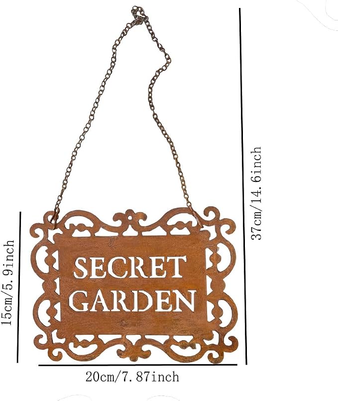 Rustic Iron “Secret Garden” Hanging Sign, Natural Rust Patina Metal Plaque with Ornate Cutout Scrollwork and Chain, Garden Gate & Wall Decor, 7.9 × 5.9 Inches
