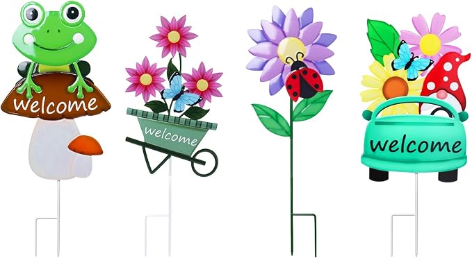 Welcome Decorative Garden Stakes, 4Pcs Flower Metal Yard Signs with Frog, Mushroom, Gnome, Butterfly and Ladybug, Garden Stakes for Spring Decor,Outdoor Lawn Yard Art Gift for Mom