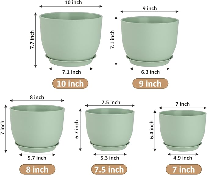 YNNICO Plant Pots 10/9/8/7.5/7 inch Flower Pots with Multi Mesh Drainage Holes, Planters for Indoor Outdoor Garden Plants and Flowers. (Green)