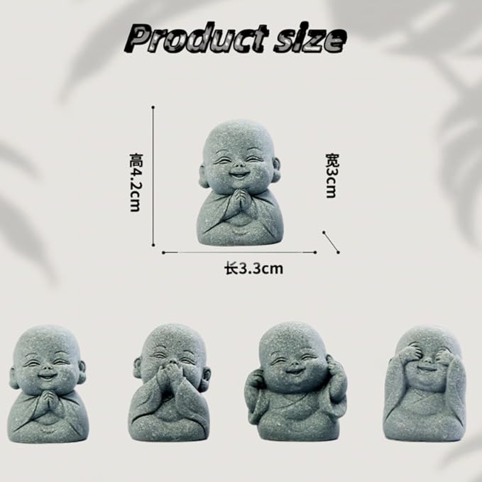 4-in-1 Laughing Buddha Statue Decor Set Small Zen Monk Sandstone Buddha Sculpture Feng Shui Ornaments for Outdoor Gardens & Indoor Meditation Rooms,Micro Landscape Decor Fish Tank Aquarium Decoration