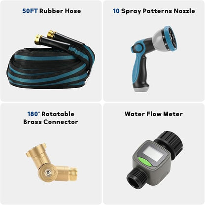 MEASUREMAN 180° Swivel RV Water Hose Kit, 50ft with Digital Flow Meter & Multi-Function Sprayer, Brass Quick-Connect Fittings for RV Camping Gardening and Lawn Watering