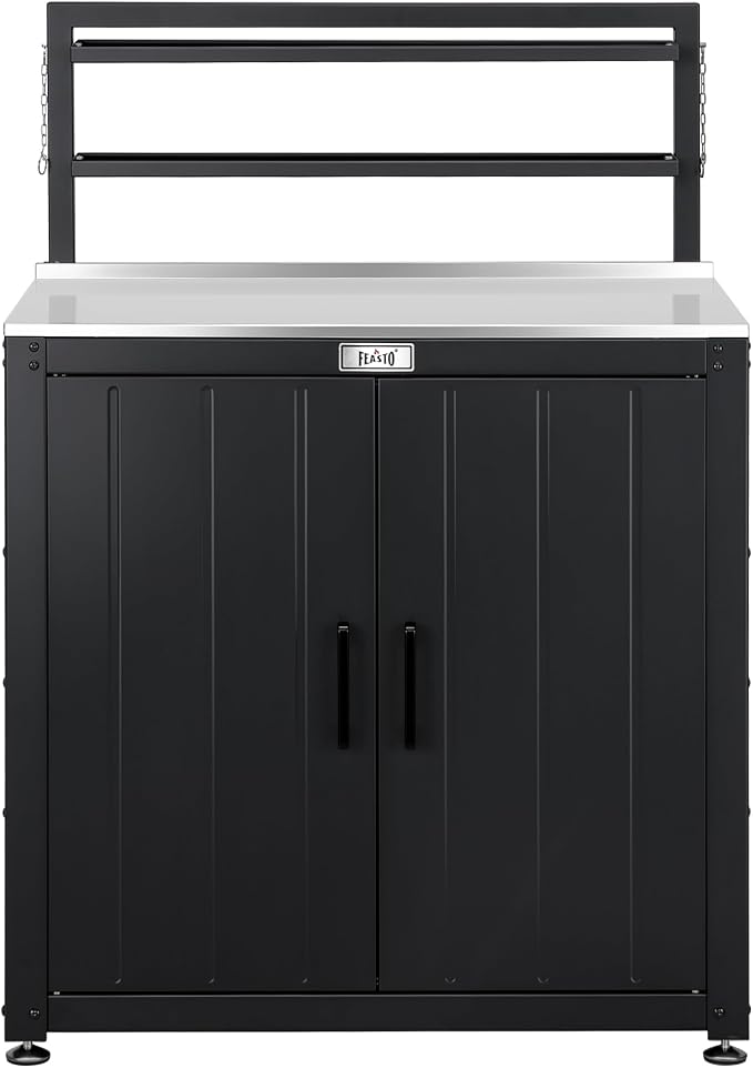 Feasto Outdoor Potting Bench Table with Storage Cabinet, Black | Stainless Steel Garden Workstation, Raised-Edge Top, Adjustable Shelf & Removable Hutch, Patio, Balcony & Outdoor Workspace