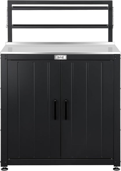 Feasto Outdoor Potting Bench Table with Storage Cabinet, Black | Stainless Steel Garden Workstation, Raised-Edge Top, Adjustable Shelf & Removable Hutch, Patio, Balcony & Outdoor Workspace