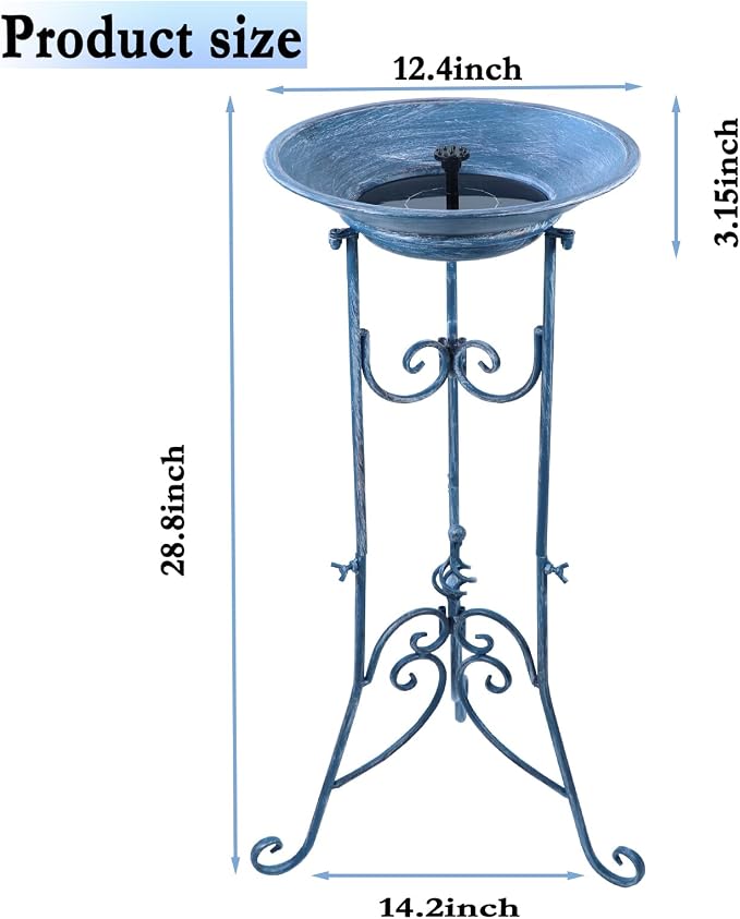 Multifunctional Solar Bird Bath for Outside, Metal Birdbath Stand and Solar Fountain Bird Bath Bubbler Combo Set, Solar Birdbaths for Outdoors Garden Lawn Yard Decor（Blue）