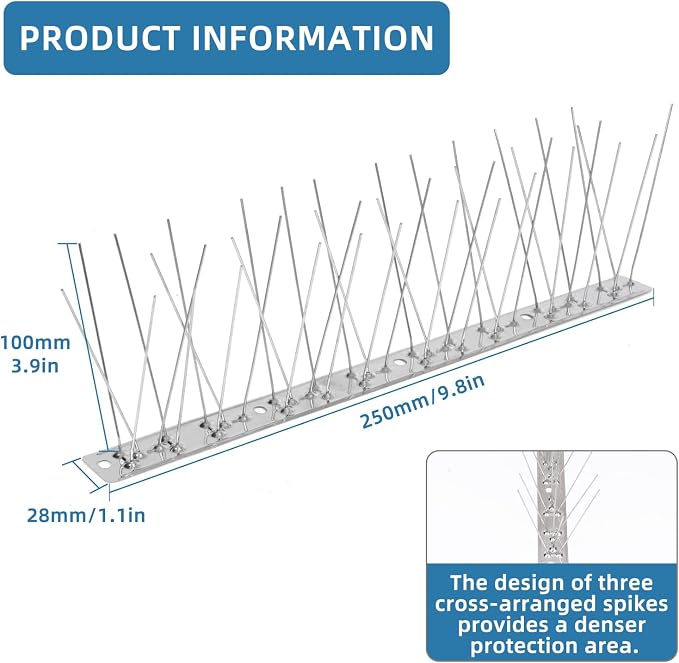 Moyofree Pre-Assembled Bird Spikes for Roofs and Windows, Cover 9.84Feet (3m), Pigeon Spikes Set for Deterring Crows, Seagulls and Small Birds, Stainless Steel Bird Deterrent Spikes for Outside