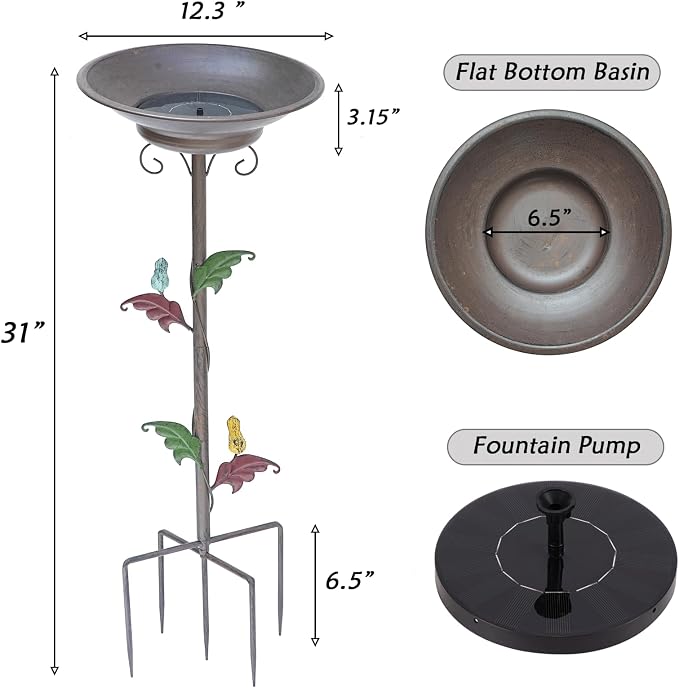 31”H Solar Bird Bath for Outside,Metal Bird Bath with Solar Fountain | Solar Fountain Bird Bath with Metal Stake,Solar Powered Bird Bath for Outdoor Garden Yard Decor