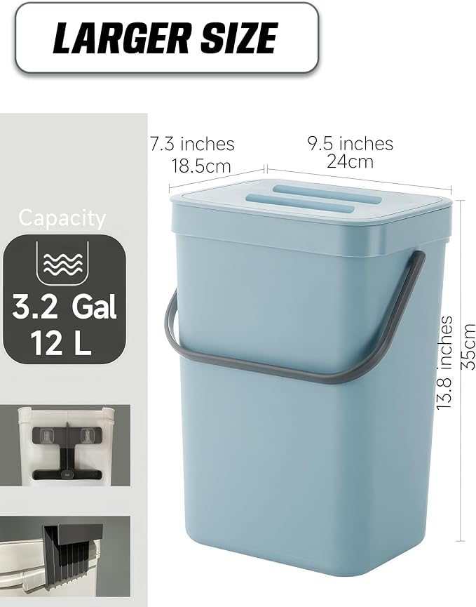 Kitchen Compost Bin - 3.2 Gallons Hanging Trash Can with Lid for Kitchen Bathroom, Under Sink Trash Can, Outdoor Compost Bucket with Lid, 12L(Subtle Blue)