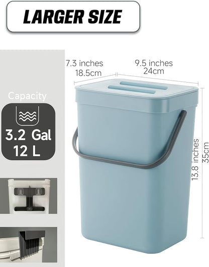 Kitchen Compost Bin - 3.2 Gallons Hanging Trash Can with Lid for Kitchen Bathroom, Under Sink Trash Can, Outdoor Compost Bucket with Lid, 12L(Subtle Blue)