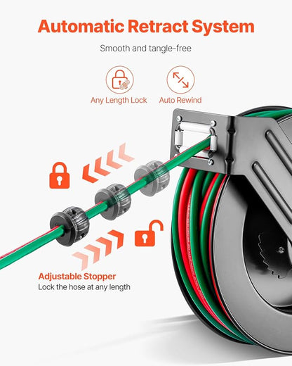 VEVOR Retractable Welding Hose Reel, 1/4-Inch x 50FT Twin Oxygen Acetylene Rubber Hose Max 300PSI - T Grade, Ceiling/Wall Mount Heavy Duty Steel Hose Reel Auto-Rewind, Ideal for Workshops Garages
