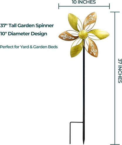 2 Pack 37" Metal Wind Spinners for Yard & Garden, 10" Kinetic Outdoor Garden Spinners, Rust-Resistant Decorative Yard Art (Gold Ornate Laser-Cut Floral)