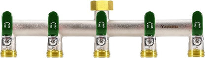 5 Way Garden Hose Splitter, Heavy Duty Brass Nickel Plated Rust Resistant Faucet Manifold, 3/4" Frost Resistant Outdoor Hose Adapter Connector，Hose Spigot Adapter with 5 large Green handles
