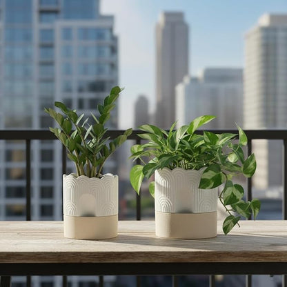 Nihow Ceramic Self Watering Pots for Indoor Plants, 6+8 Inch,Beige Set 2 | Visible Water Level Fill Port,Planter with Cotton Wick,Water Storage Plus, Cylinder Round Flower Pot, Succulent/Herbs/Violets