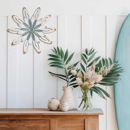 hogardeck Metal Flower Farmhouse Wall Decor, 16" Large Floral Metal Blue White Wall Art for Indoor Outdoor, Boho Wall Decor for Bathroom, Living Room, Kitchen, Bedroom, Porch, Garden, Yard
