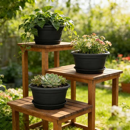 MRPAPA 10 Inch Plastic Pots 6 Pack Outdoor Round Planters with Drainage Hole & Tray Saucer, Lightweight Indoor Flower Decoration Pots for Home,Patio & Garden (Dark Grey)