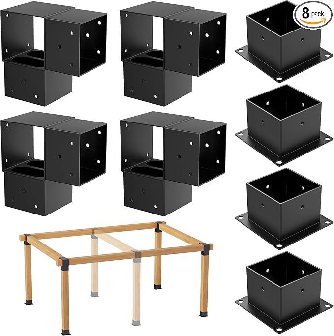 8PCS 4x4 Post Bracket, 4x4 Brackets for pergola kit, Deer Stand, Outdoor Platform, Play Sets, Tree House, Pergola Brackets 3-Way Right Angle Corner Bracket Woodworks DIY Post Base Kit