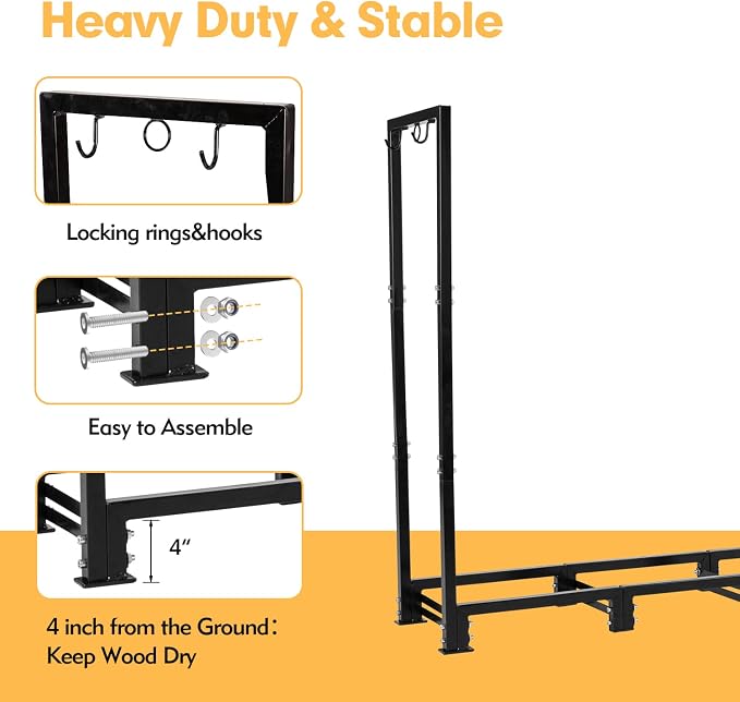 nalone 8FT Outdoor Firewood Rack with Cover&Carry Bag Heavy Duty Square Strong Stand Rack with Waterproof Cover for Fireplace Fire Pits Wood Pile Storage Holder Lumber Rack