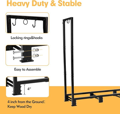 nalone 8FT Outdoor Firewood Rack with Cover&Carry Bag Heavy Duty Square Strong Stand Rack with Waterproof Cover for Fireplace Fire Pits Wood Pile Storage Holder Lumber Rack