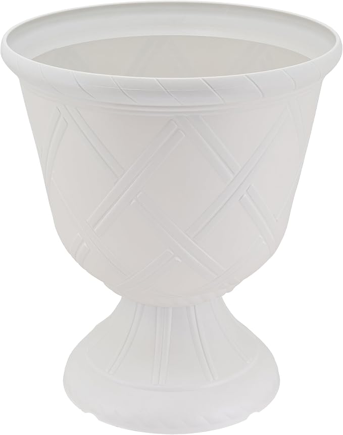 Arcadia Garden Products PL61WT Lattice Plastic Garden Urn, Classic Decorative Garden Pot Planter for Indoor and Outdoor Plants, White