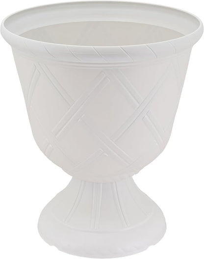 Arcadia Garden Products PL61WT Lattice Plastic Garden Urn, Classic Decorative Garden Pot Planter for Indoor and Outdoor Plants, White