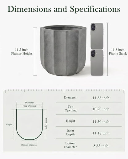 Large Ceramic Planter, 12 Inch Plant Pot with Drainage Hole & Removable Drain Plug, Decorative Flower Pot for Indoor Outdoor Plants, Modern Round Planter, Grey